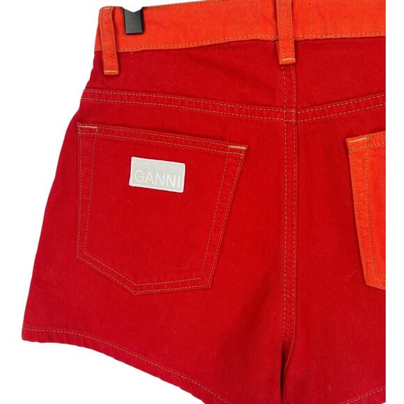 Ganni Colorblock High Rise Denim Shorts in Red/ Orange - Picture 11 of 13